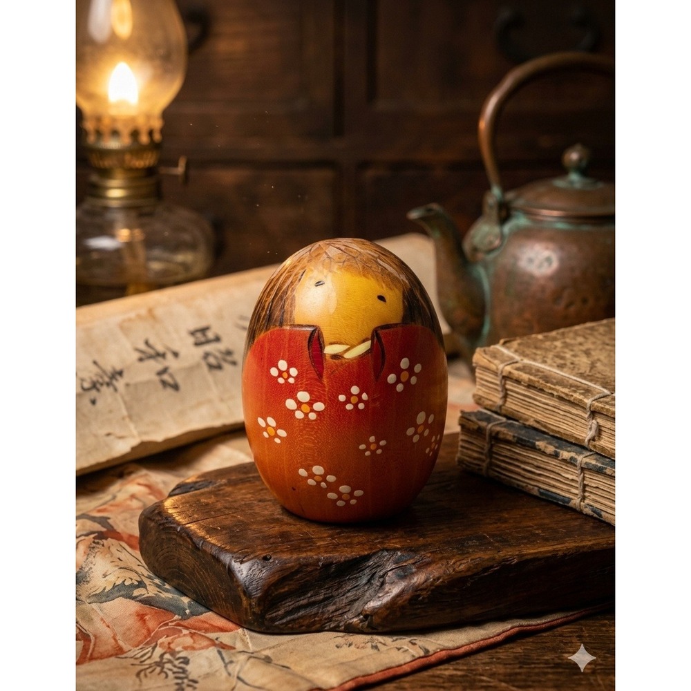 Usaburo Kokeshi‎ Wooden Doll Vintage Japanese Woody Craft Red Kimono Egg Shape